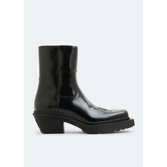 VTMNTS Logo Embossed Cowboy Ankle Boots 41 8 Mens Shiny Black Leather Vetements - Picture 1 of 16
